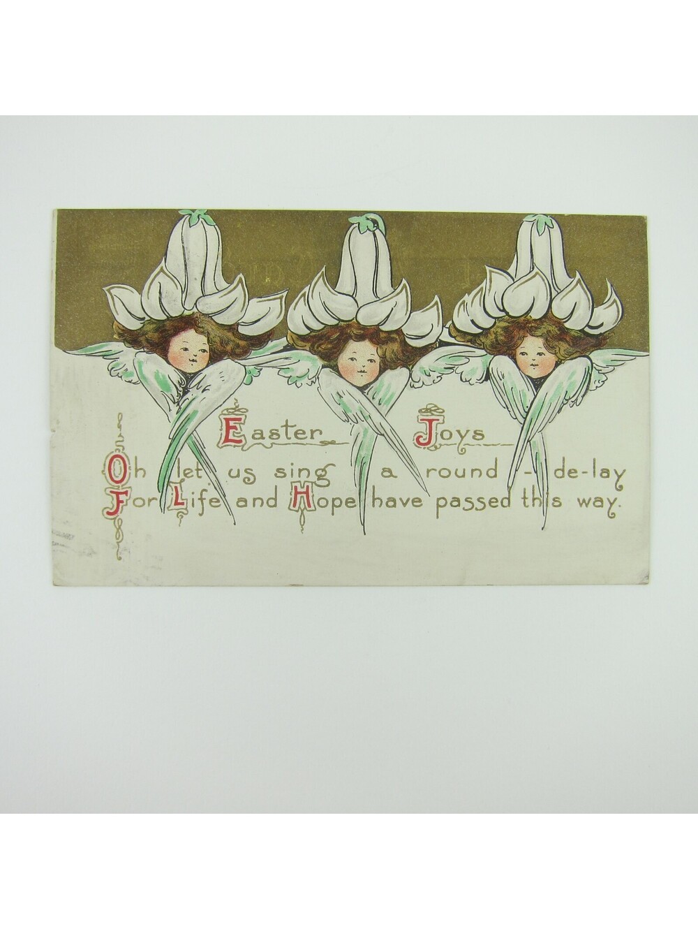Easter Postcard Female Angel Faces with Wings & Lily Flower Hats Antique 1912